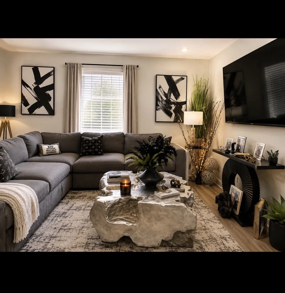 Modern living room with gray sectional sofa, black-and-white wall art, statement coffee table, plants, and contemporary décor.
