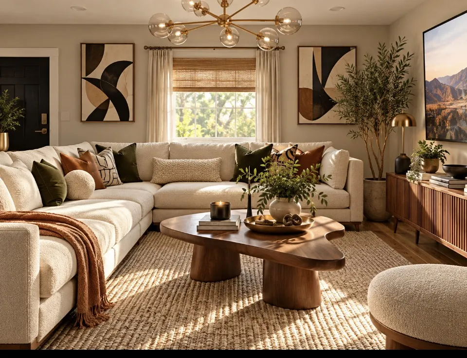Warm contemporary living room with cream sectional, wood coffee table, earth-tone pillows, textured rug, plants, and modern artwork.