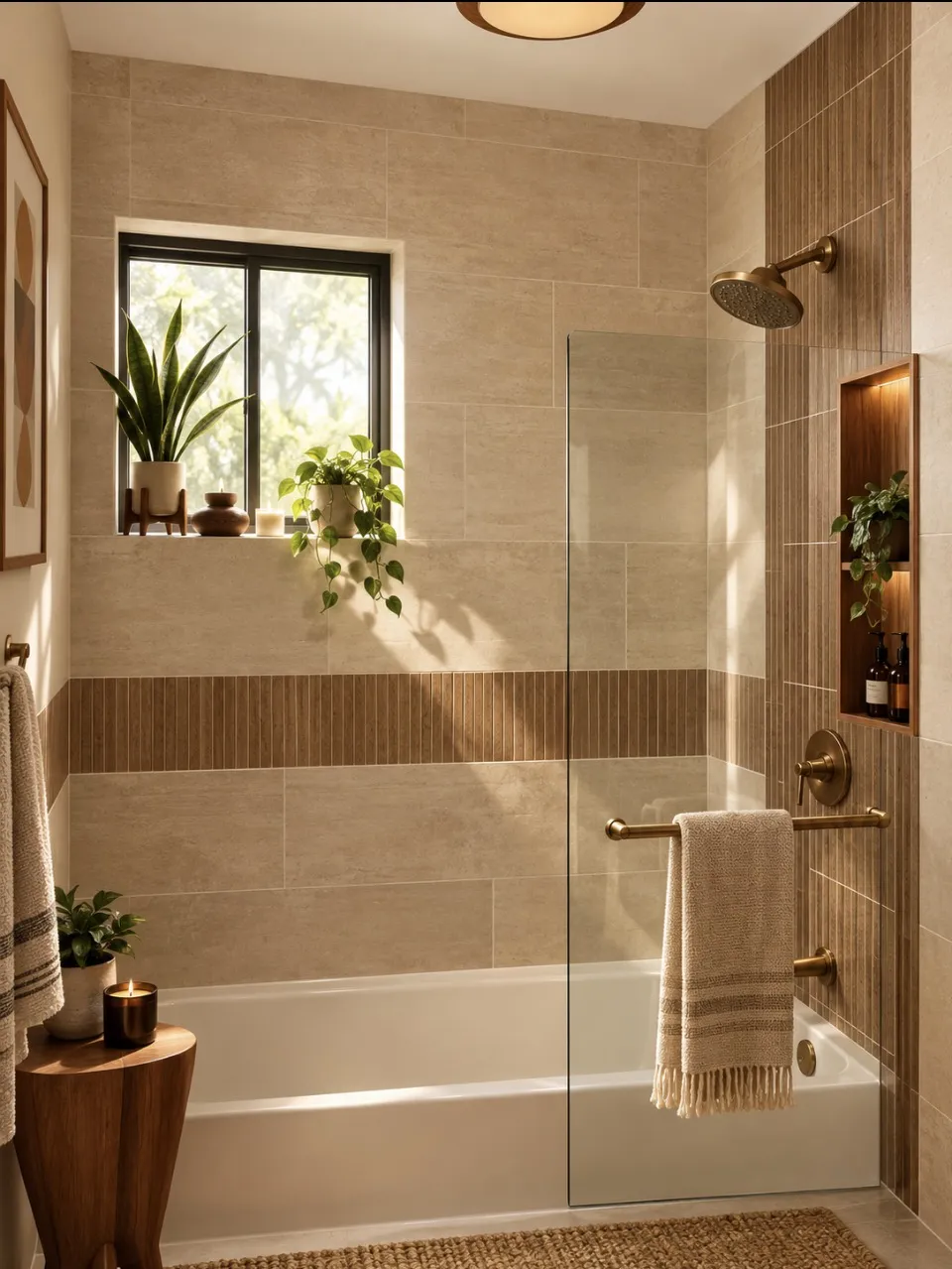 Warm modern bathroom with neutral tile, wood accents, brass fixtures, greenery, glass shower panel, and bathtub.