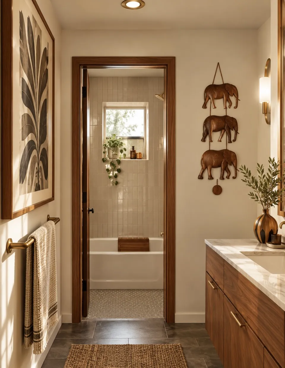 Warm modern bathroom vanity with wood cabinetry, neutral finishes, brass accents, natural textures, and decorative wall art.