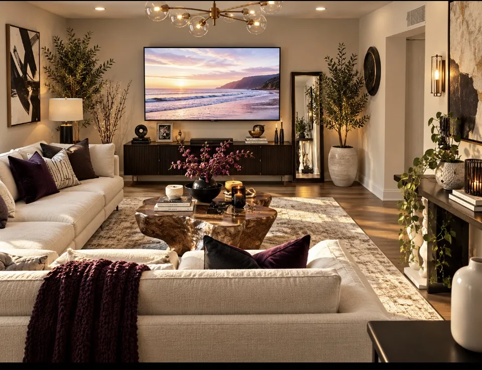 Elegant contemporary living room with cream sectional sofas, burgundy accents, wood coffee table, greenery, and modern décor.