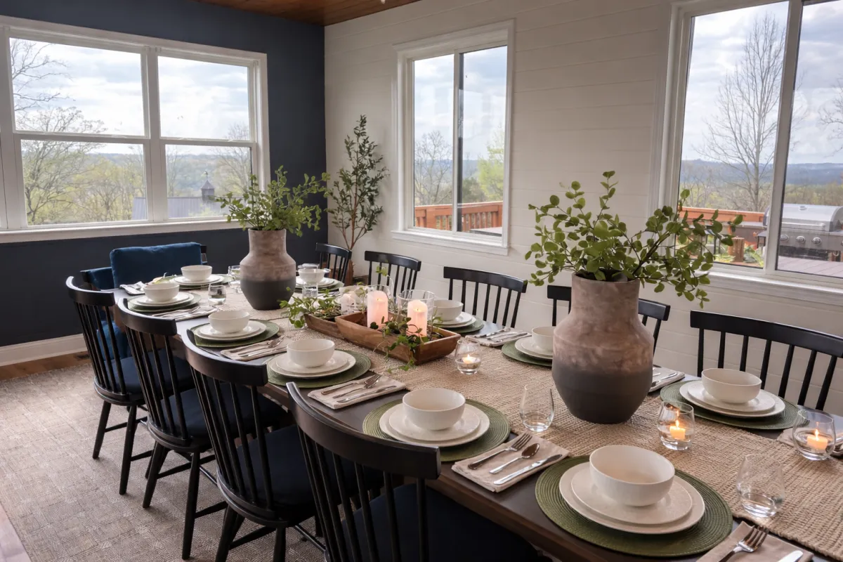 a dining room table with white chairs and pictures on the wall