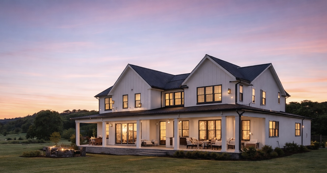 Modern luxury home with large windows at dusk