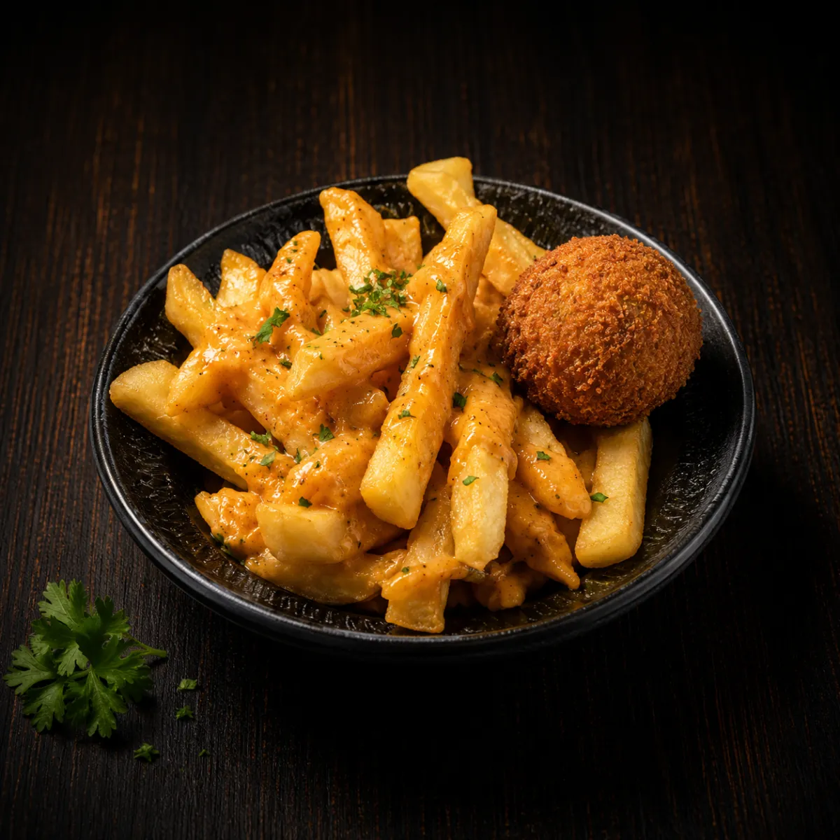 Panang Curry over Fries with 1 Rice Ball