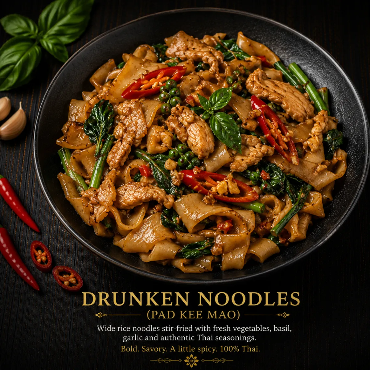 Spicy Drunken Noodles stir-fried with holy basil and fresh chilies