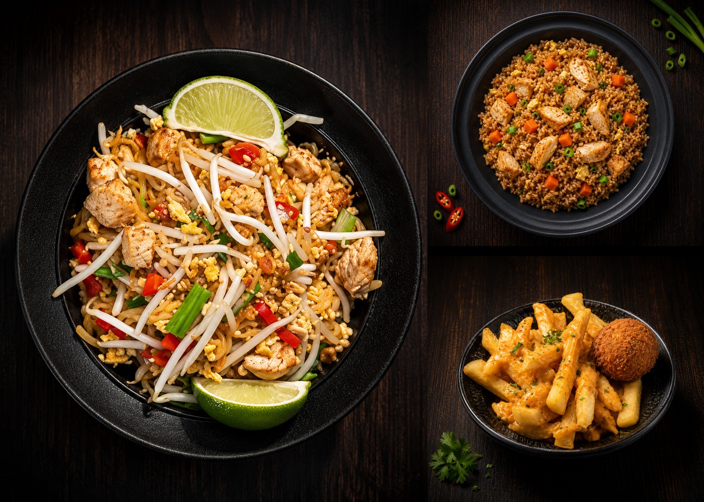 Composite showcase of Chef Woods' signature high-end Thai entrees
