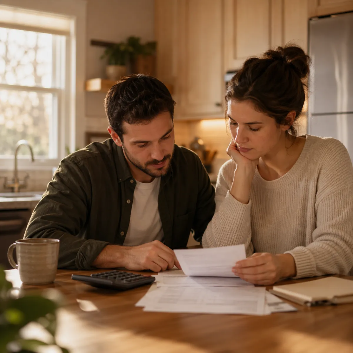 Couple sitting at a table looking at finances