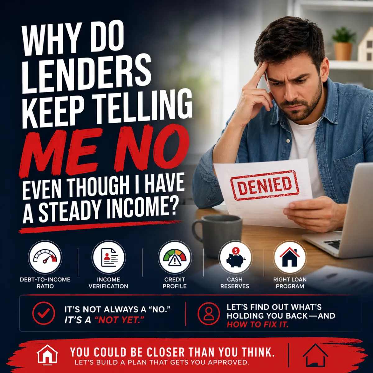 Man looking at denied mortgage application with infographic explaining why lenders deny home loans even with steady income, including DTI, credit score, income verification, cash reserves, and loan program factors.