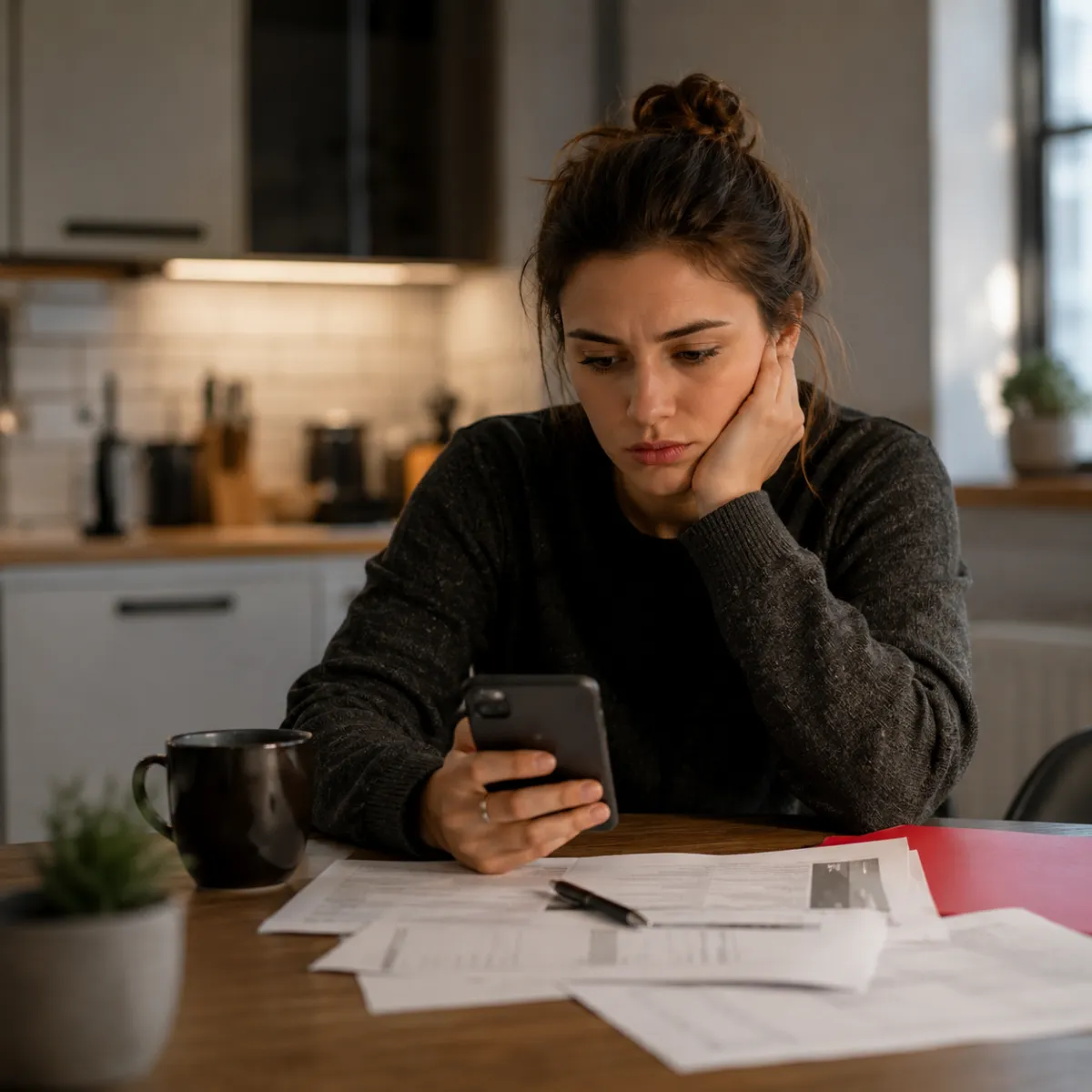 A frustrated homebuyer sits at a kitchen table staring at their phone waiting for a callback from their loan officer, representing the most common complaint in the mortgage process.