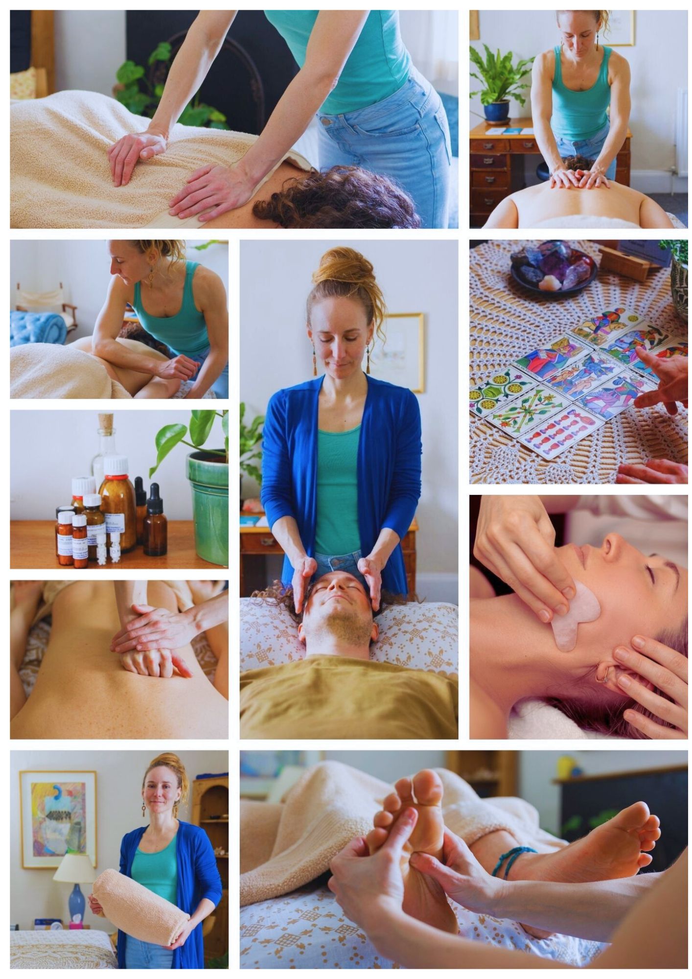 Collage of holistic treatments, including massage, reflexology, Reiki, Tarot, and natural remedies in Brighton.