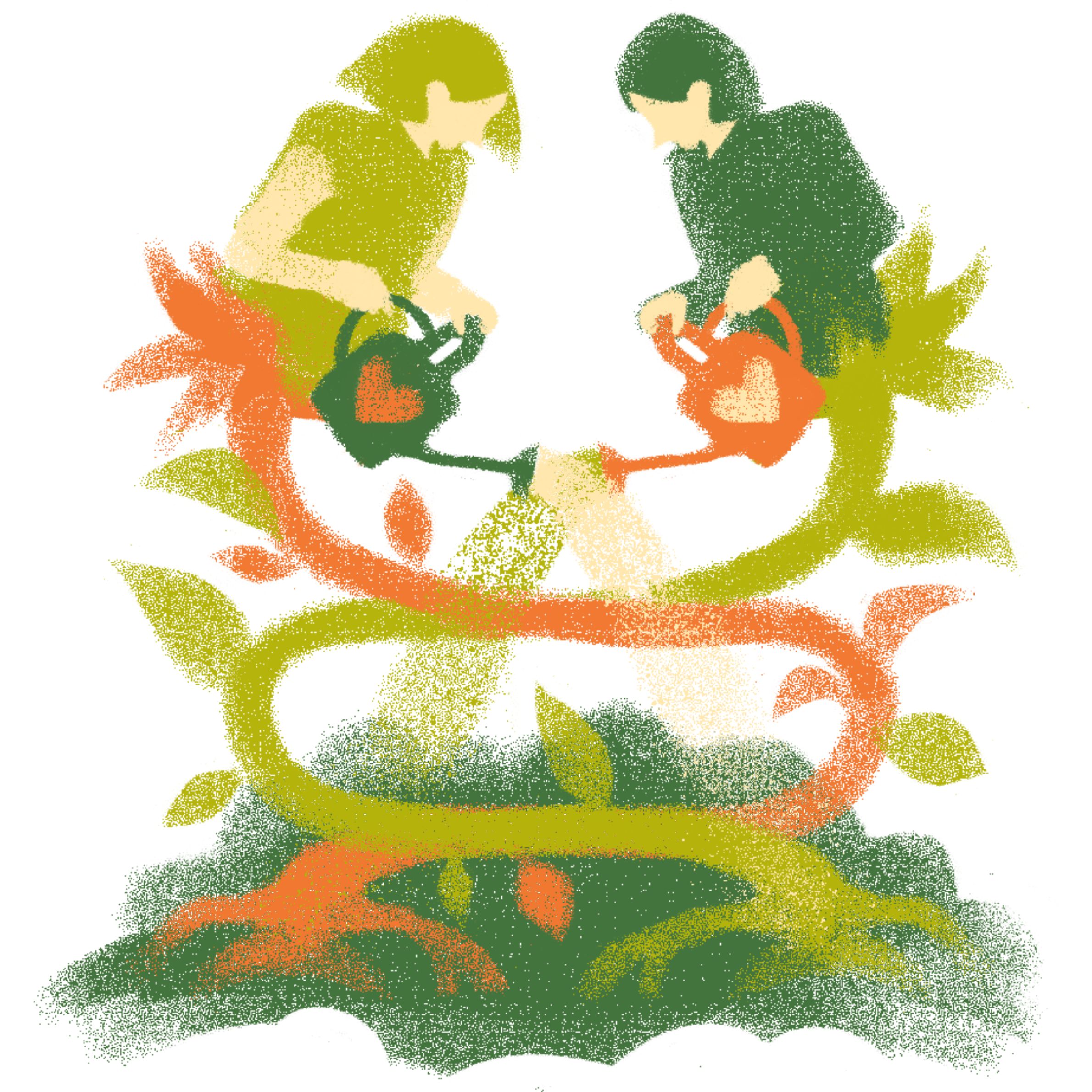 Drawing of two people watering a garden, representing a balanced homeopath and client relationship.