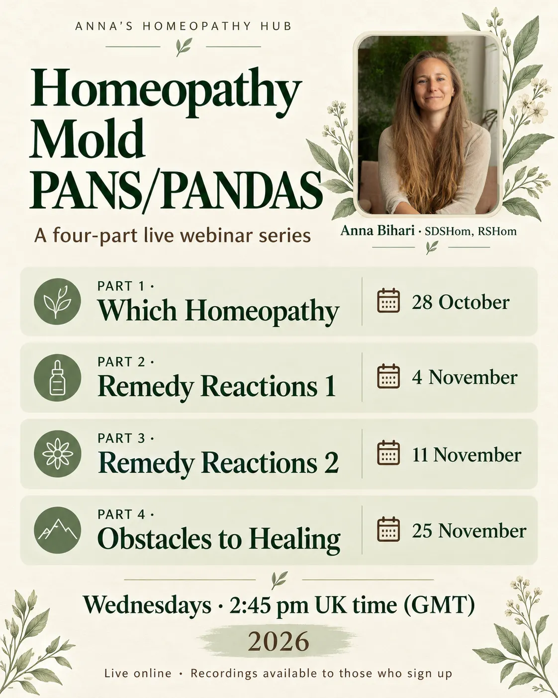 Poster of homeopathy, mold and pans/pandas webinar series