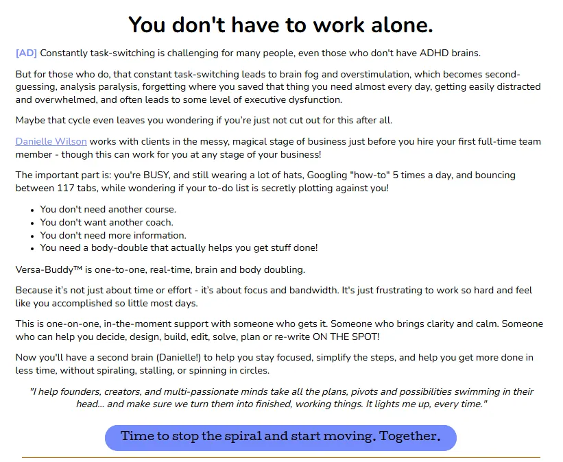 Screenshot of advert for Versa Buddy, Danielle Wilson mentor author