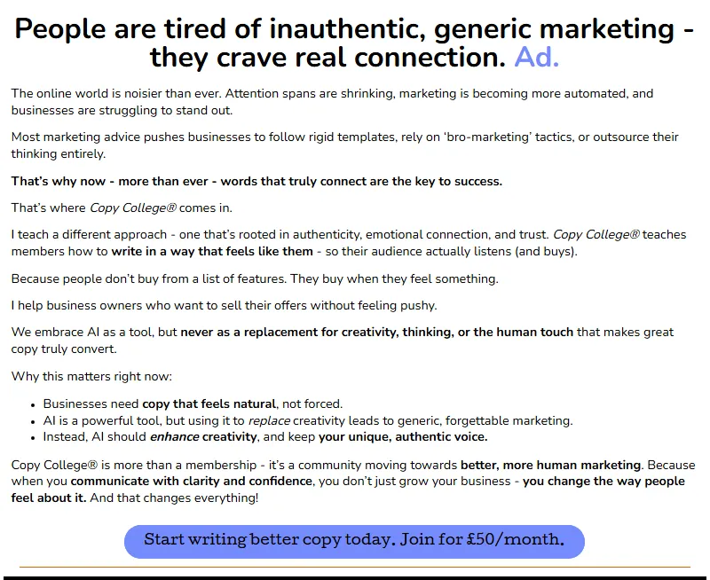 Screenshot of advert for Copy College, Choice Words