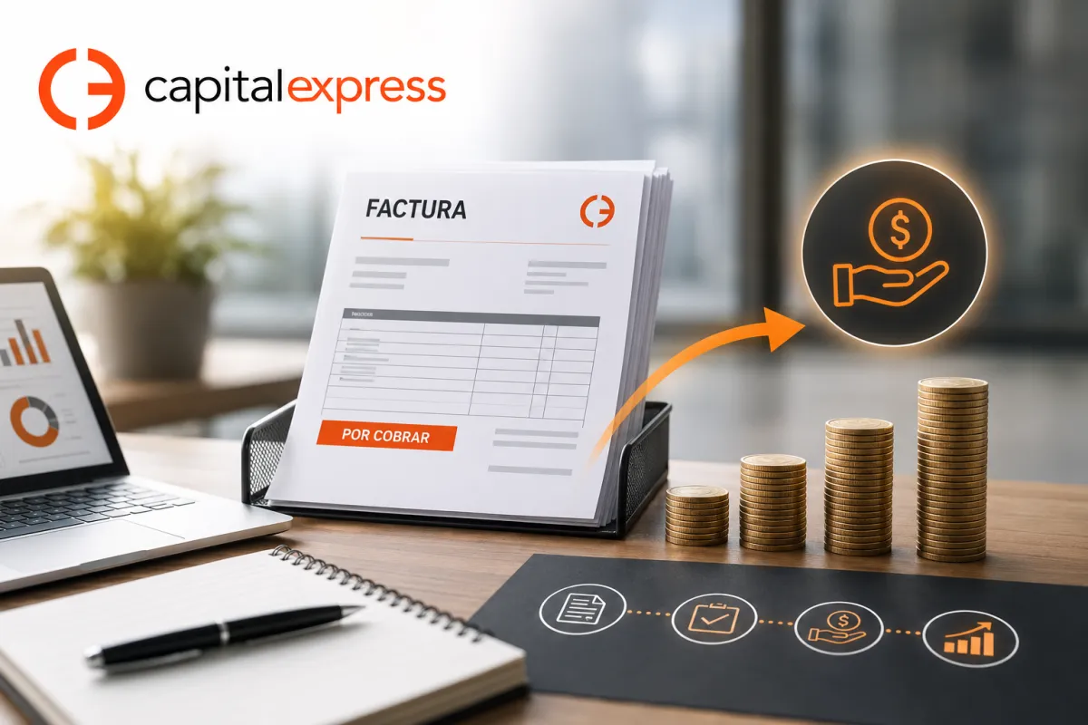 Representación del factoring empresarial, mostrando cómo una empresa convierte facturas pendientes de pago en liquidez inmediata para fortalecer su flujo de caja.