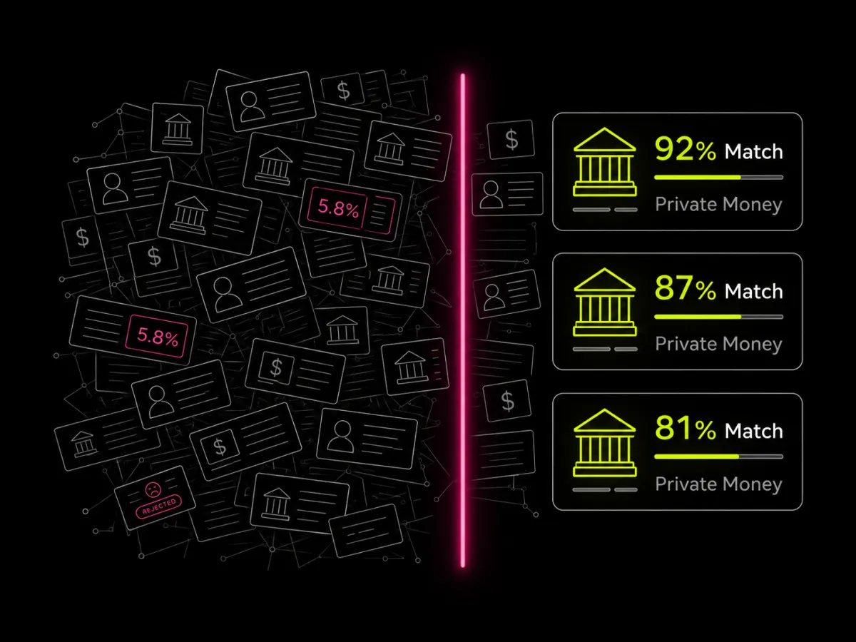 Visual comparison of a noisy list of irrelevant lenders versus a clean, curated list of private money lenders on LenderBase.