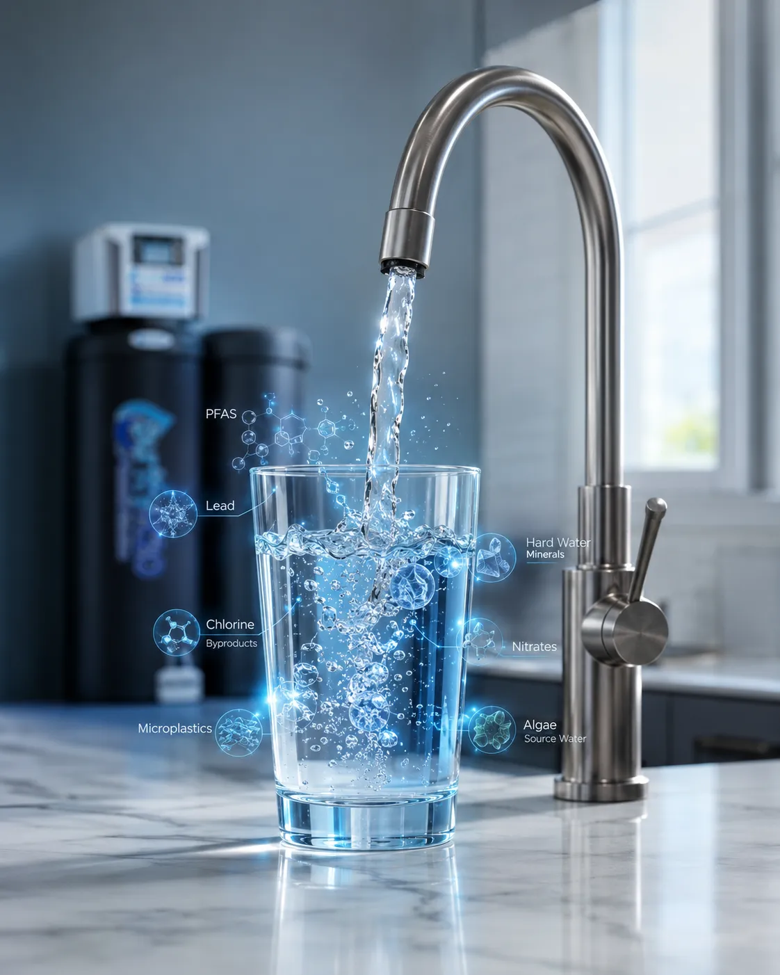 An image of a glass of water showing a breakdown of possible contaminents.