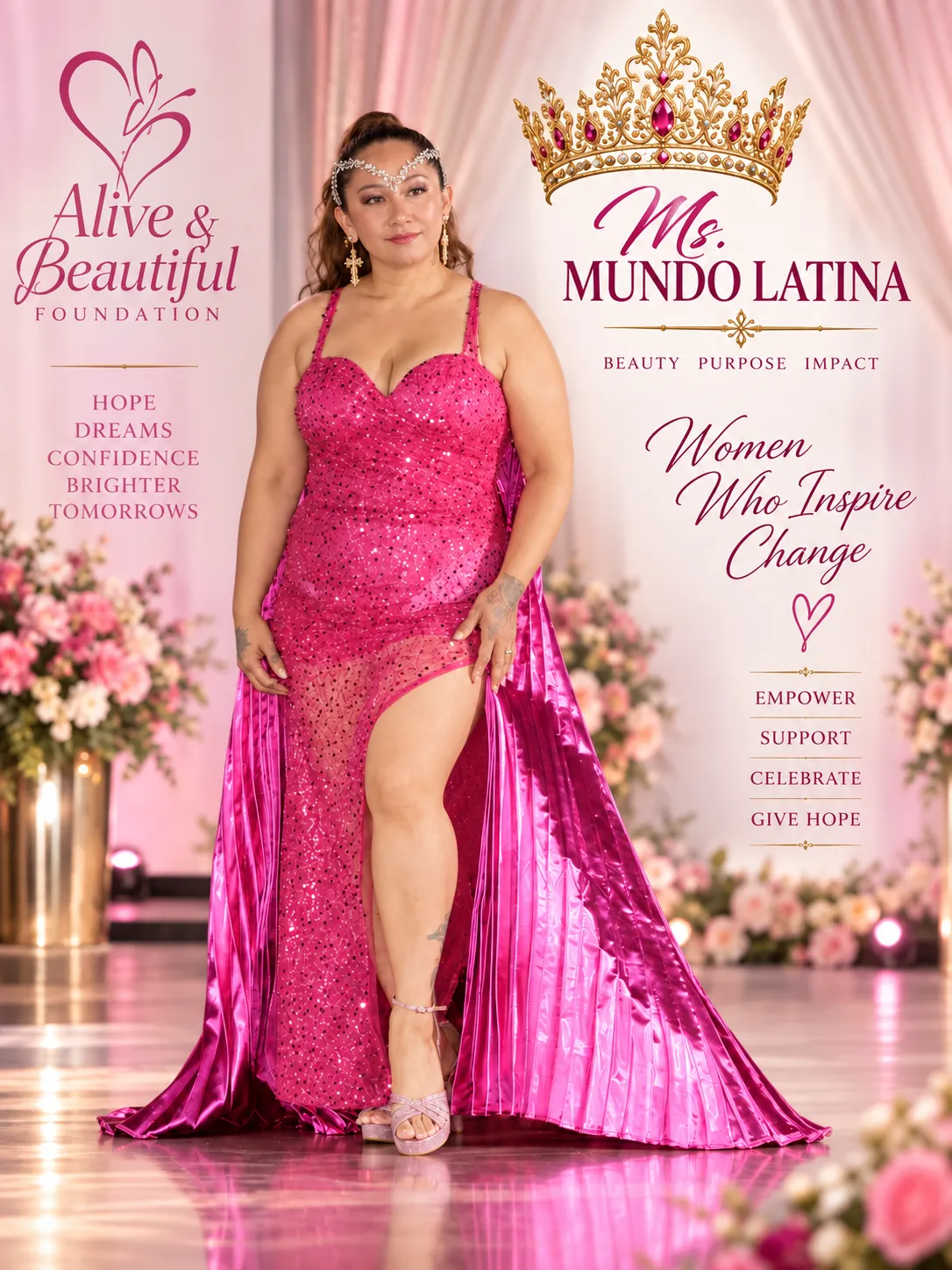 A model radiating cultural pride in a stunning Mundo Latina ensemble