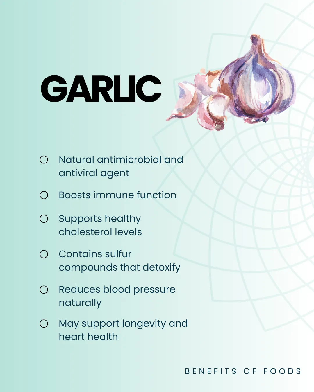Garlic benefits listed with an illustration of garlic bulb