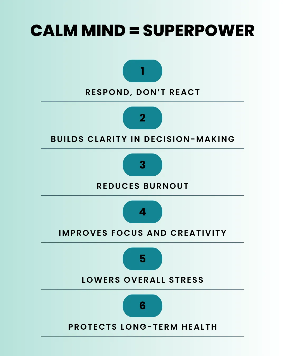 Benefits of a calm mind listed numerically such as reducing stress and improving focus.