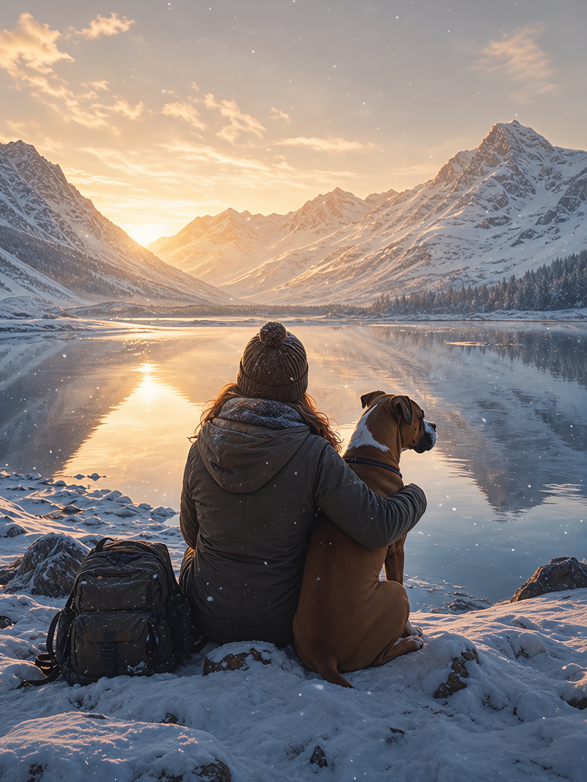 A lone woman and faithful boxer dog sitbeside a frozen mountain lake at sunrise surrounded by fresh snow, symbolising hope, healing and quiet reflection.