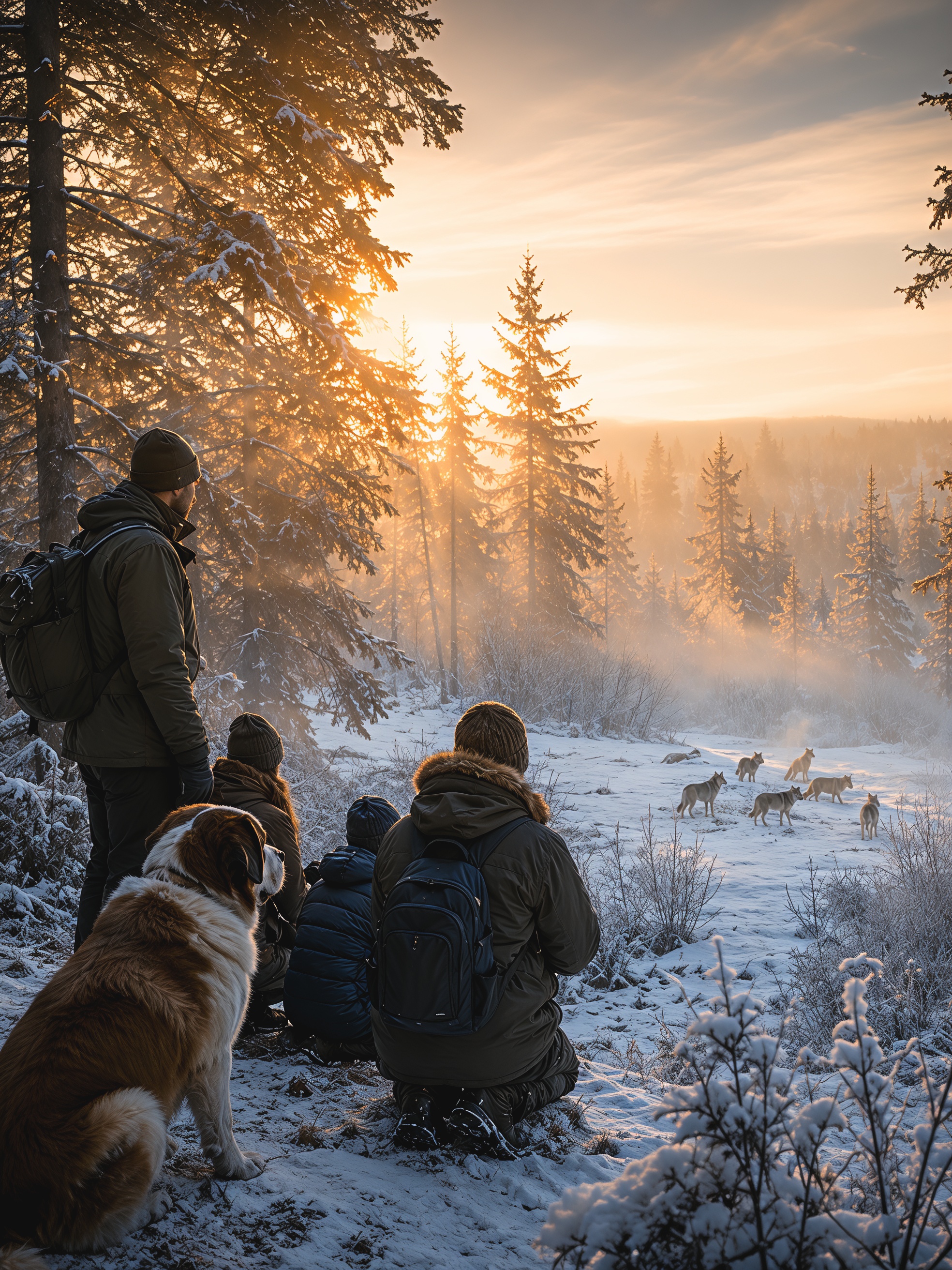 A small group quietly watches a wolf pack moving through a snowy forest at sunrise with a wildlife guide, symbolising belonging, emotional support and shared strength.