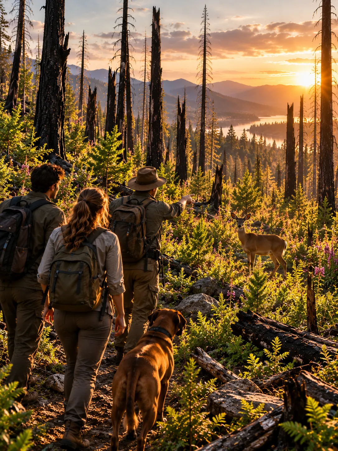 Two people walk with a conservation guide through a forest recovering after wildfire as fresh green growth emerges beneath blackened trees and a deer quietly returns to the landscape