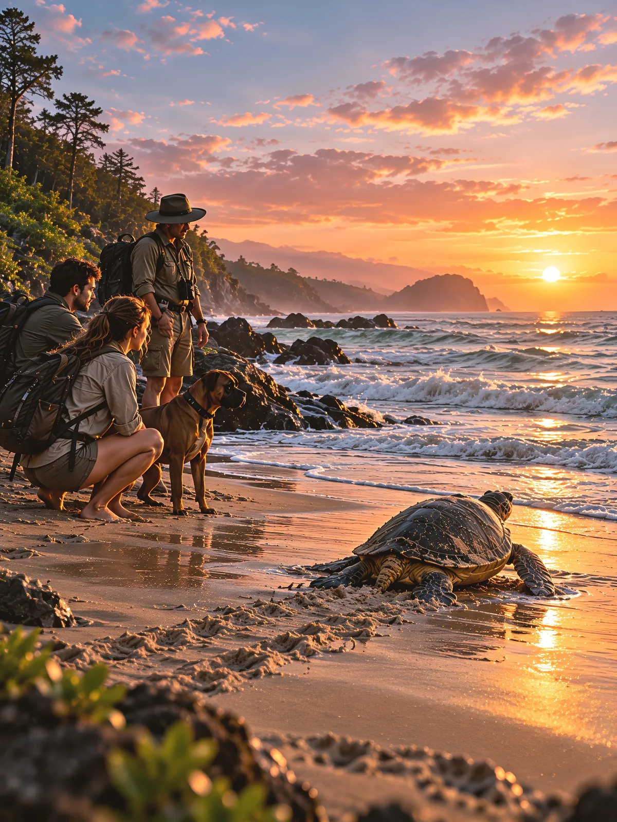 A small group and conservation guide quietly watch a sea turtle make its way across a peaceful beach towards the ocean at first light, symbolising balance, sustainable wellbeing and honouring life's natural rhythms.