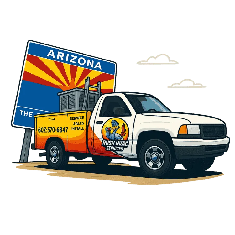 Rush HVAC Services illustrated service truck in front of Arizona state sign – Chandler heat pump repair and install