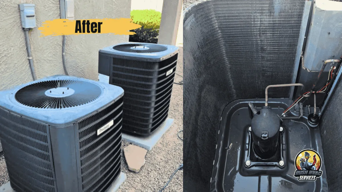 After photo showing clean HVAC condenser units and freshly cleaned coil interior in Chandler, AZ – Rush HVAC Services