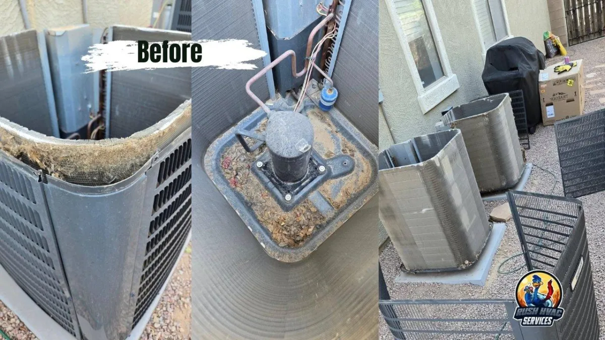 Before photo of HVAC maintenance showing dusty coils and dirty condenser units in Mesa and Gilbert – Rush HVAC Services