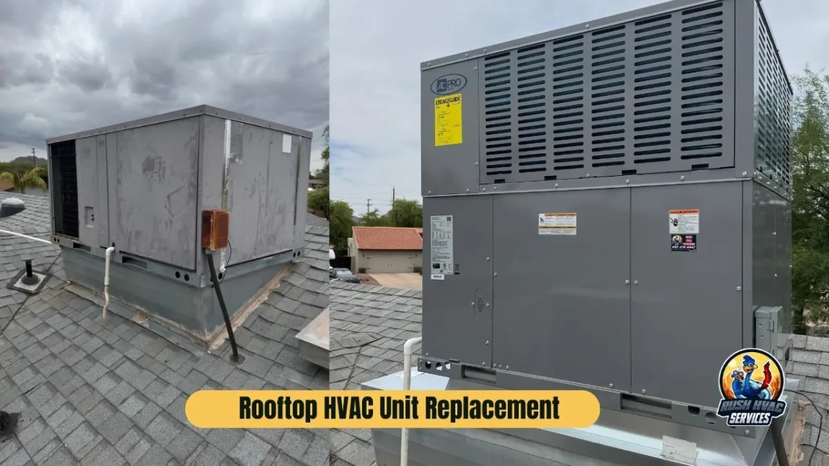 Rooftop HVAC unit being replaced on a commercial building. Full system upgrade by Rush HVAC Services in the Phoenix area.