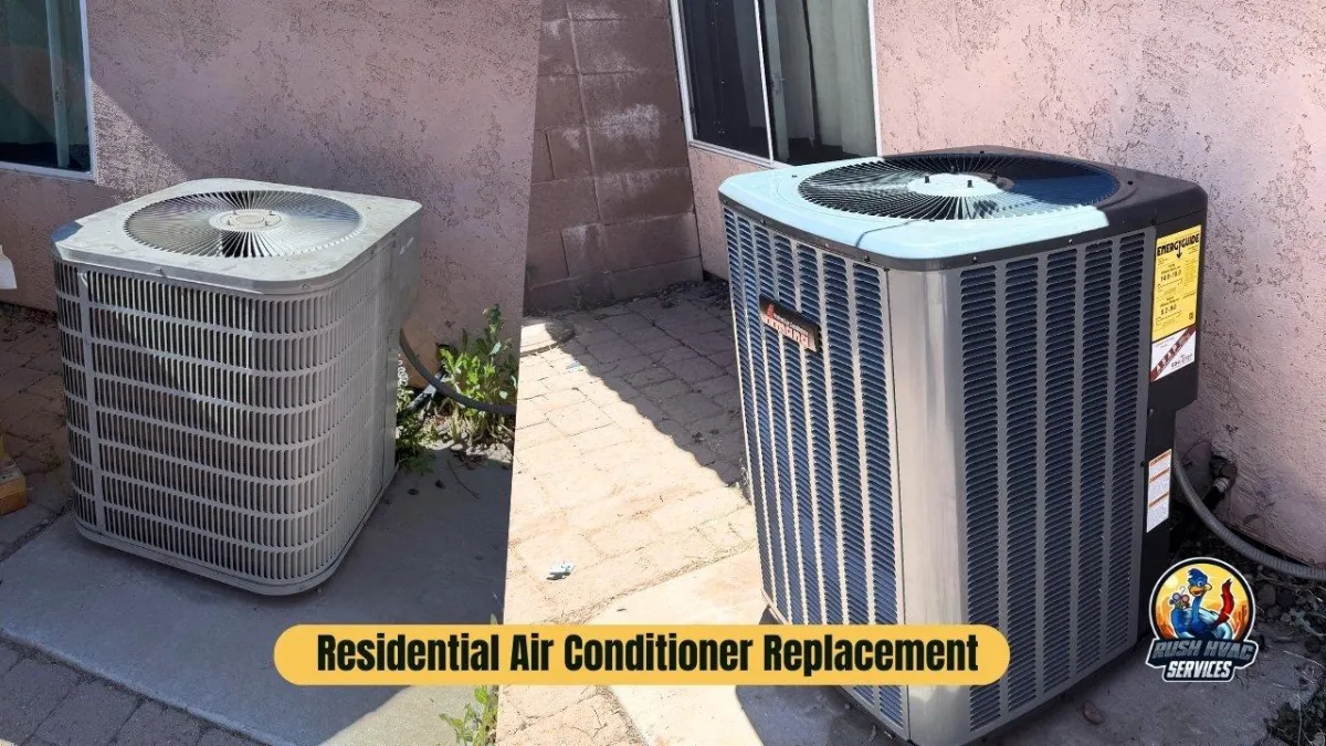 New air conditioner unit installed outside a home. Residential HVAC replacement by Rush HVAC Services in the East Valley.
