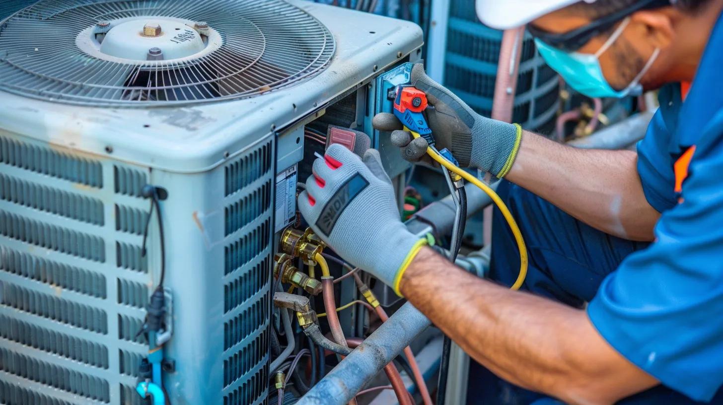 HVAC technician servicing the electrical and refrigerant lines of an outdoor AC condenser unit