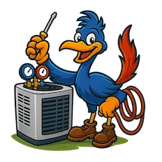 Cartoon bird technician holding a screwdriver next to an air conditioning unit, symbolizing HVAC services and repairs.
