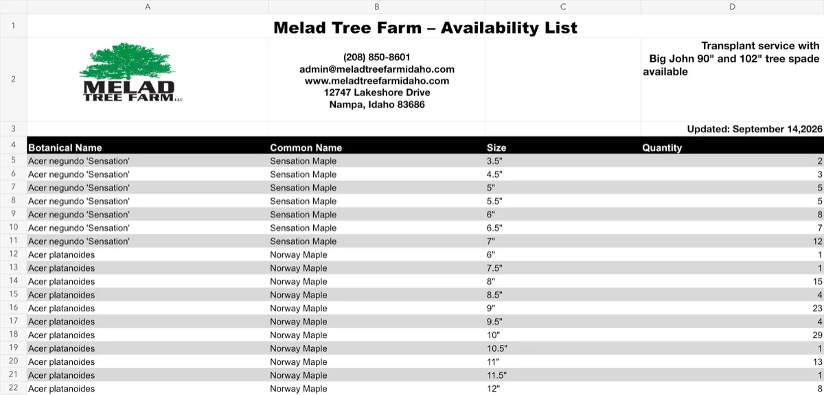 Preview of Melad Tree Farm availability spreadsheet received October 19, 2026