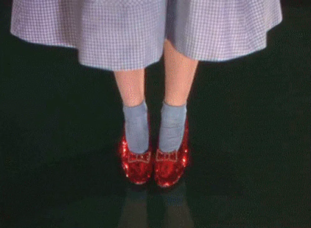 Close-up of a person wearing sparkling red shoes with gray socks beneath a checkered skirt, standing with their feet together against a dark background.