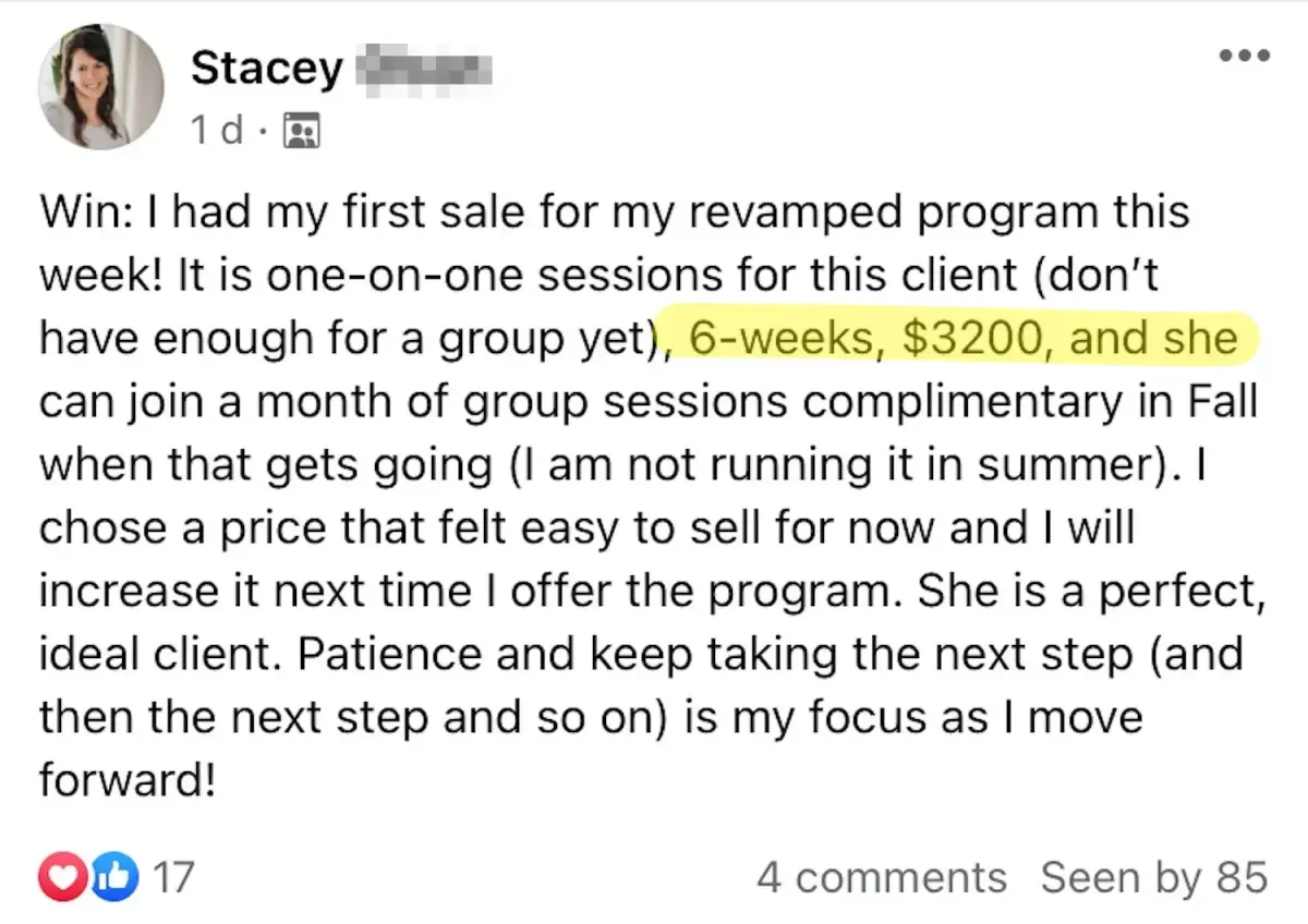 6-weeks, $3200 and she can join a month group session.
