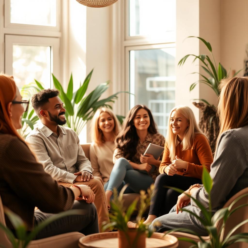 A community wellbeing session in a modern centre with diverse adults in discussion.