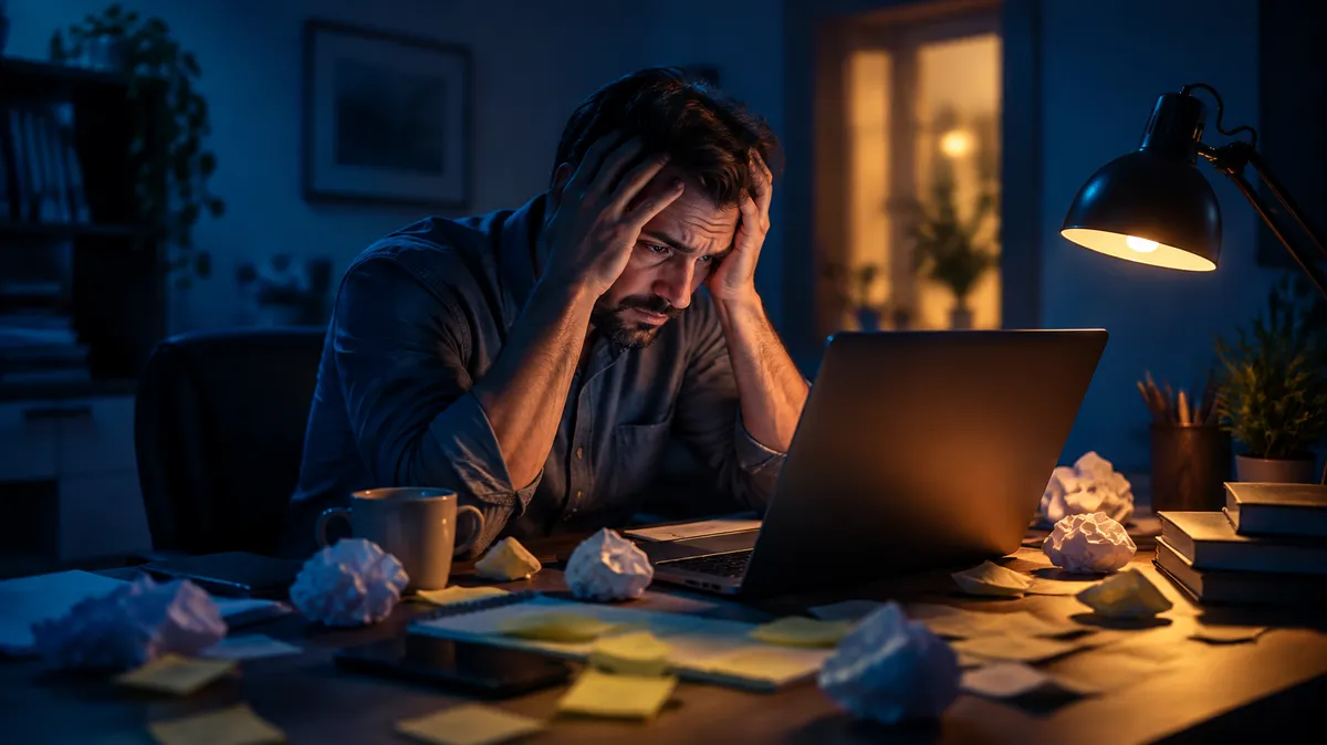 IT professional alone at a desk at night, head in hands, stuck and in need of outside help