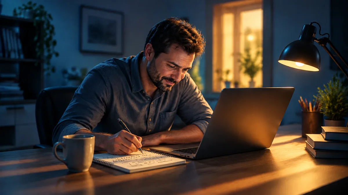 IT professional at a tidy desk in morning light, calmly writing a plan in a notebook
