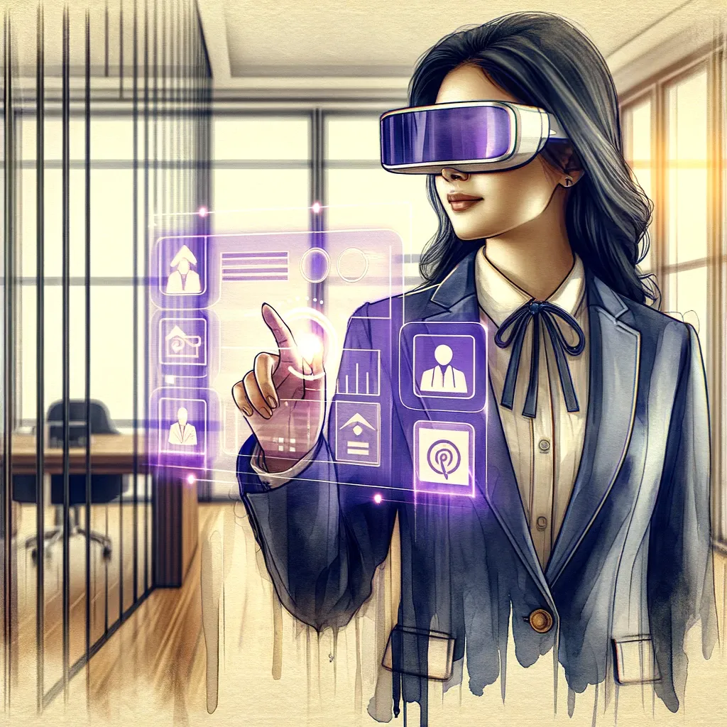 A graphic showing a young woman with VR glasses navigating the follow up beast system 'Home Page' amidst a backdrop of soft-toned watercolor digital icons and elements.