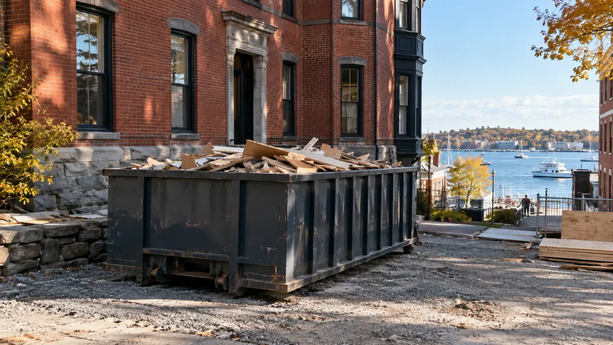 Roll-off dumpster filled with wood and construction debris in a residential driveway for junk removal services in Portland, Maine.