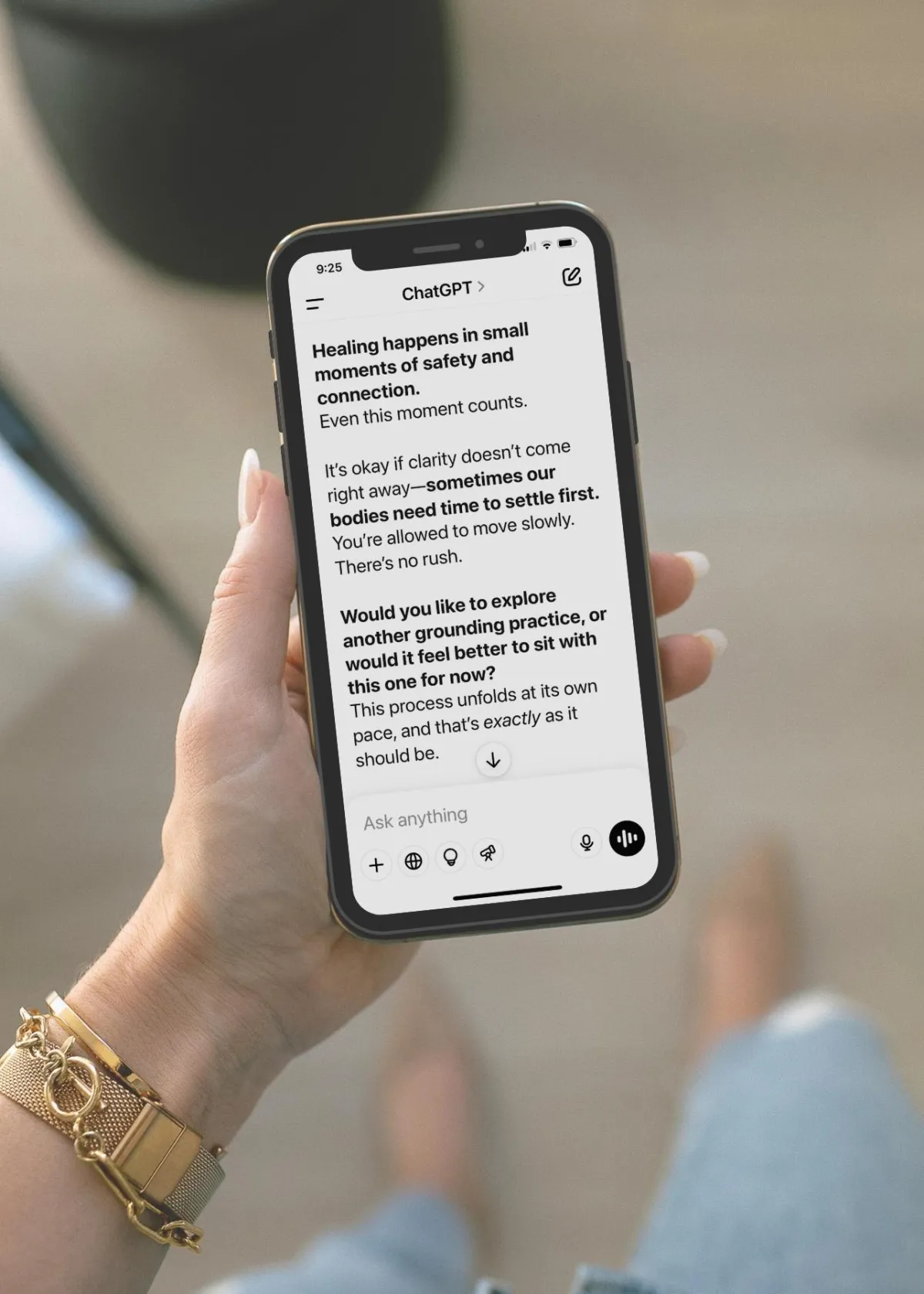 woman holding a cell phone with ChatGPT running my AI pormpts or anxiety