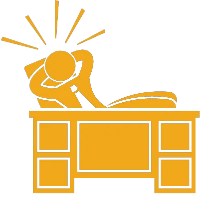A figure wearing a tie with their hands behind their head resting their legs on a desk