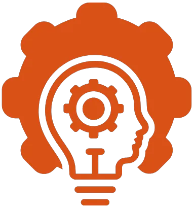 a dark orange picture of a gear and an outline of a head head containing another gear inside and lightbulb features under the head.