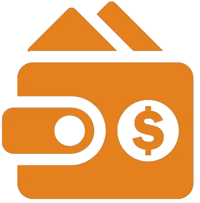 An orange wallet with a dollar sin and money sticking out of the top