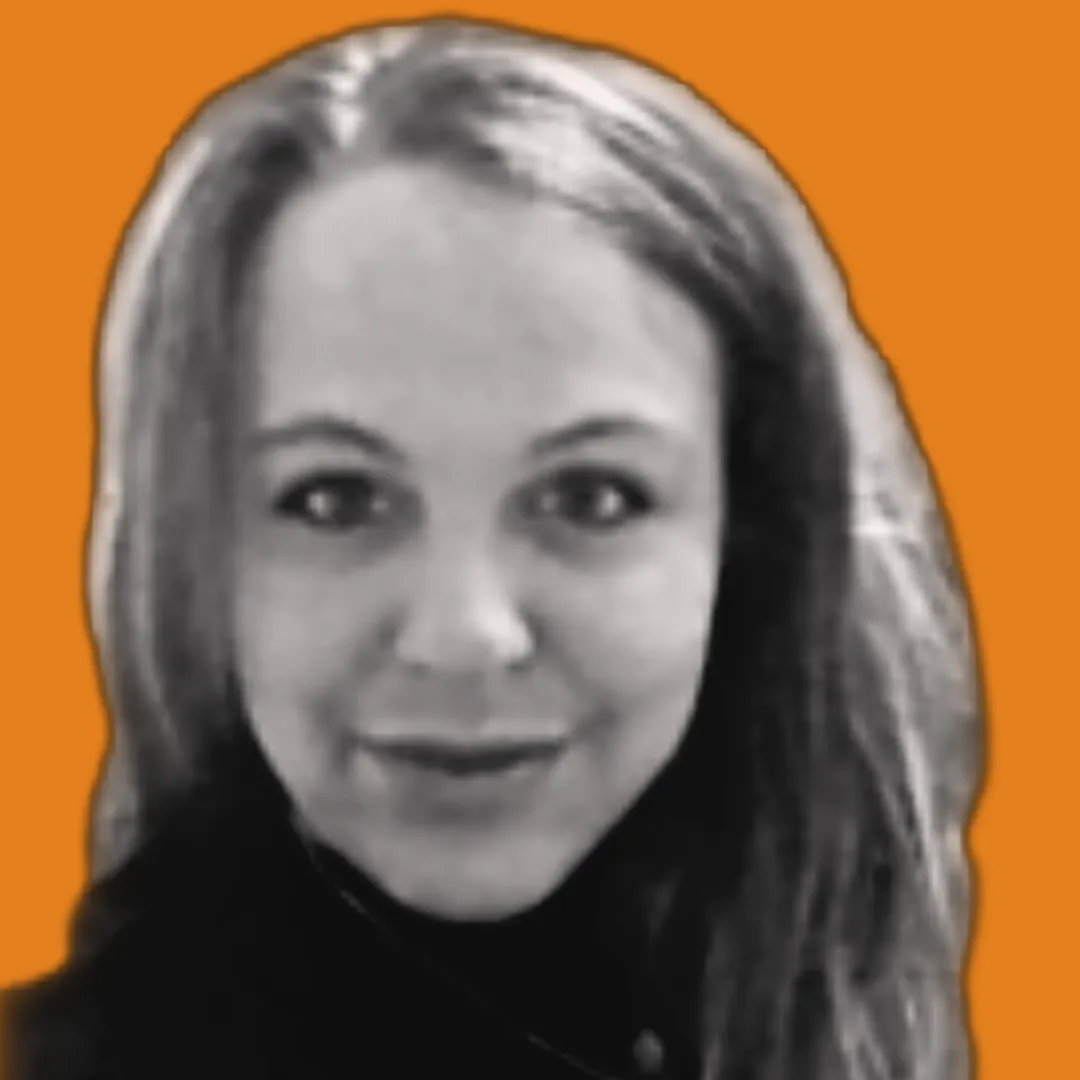 A black and white headshot of Amber Waggoner,  Family Law professional on an orange bakground
