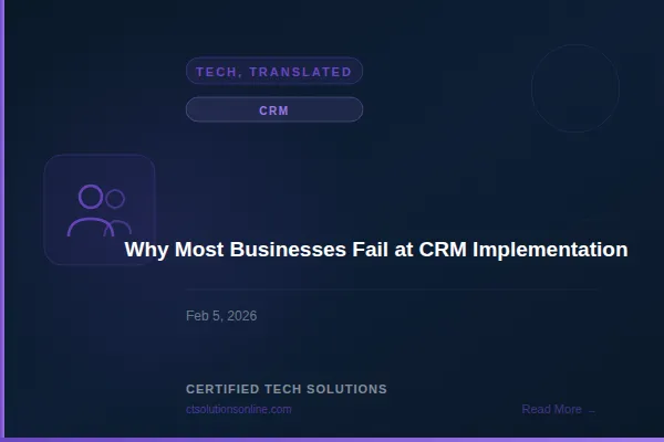 Tech, Translated blog post: Why Most Businesses Fail at CRM Implementation. Certified Tech Solutions branded graphic.