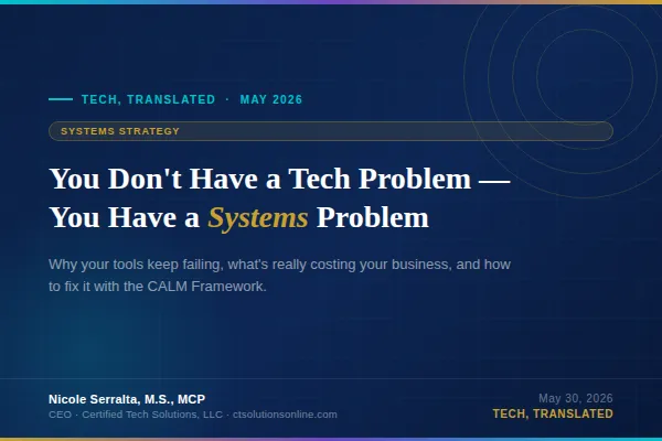 Blog post card for Tech, Translated — You Don't Have a Tech Problem, You Have a Systems Problem by Nicole Serralta, CEO of Certified Tech Solutions